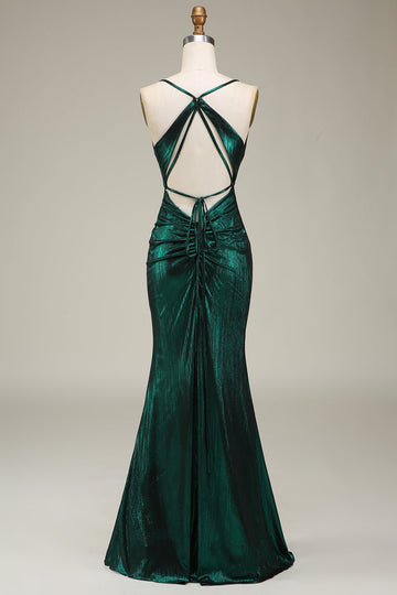 Hot Mermaid Spaghetti stropper Dark Green Long Prom kjole med åpen rygg